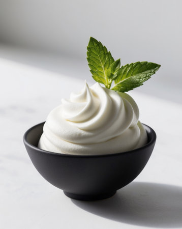 AI Generated. A small black bowl holds whipped cream topped with a mint sprigの素材
