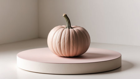AI Generated. A small pumpkin sits on a light pink surfaceの素材