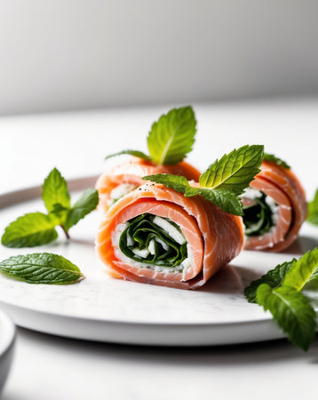 AI Generated. Appetizing salmon rolls with fresh mint leavesの素材