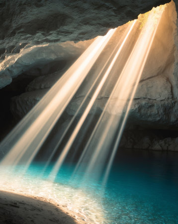 AI Generated. Sunlight Beams Illuminating a Dark Cave with Blue Waterの素材