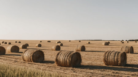 AI Generated. Harvested Field With Straw Bales In Summerの素材