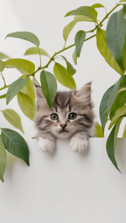AI Generated. Curious Kitten Peeking From Behind Green Leavesの素材