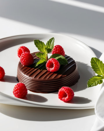 AI Generated. Decadent Chocolate Dessert with Raspberries and Mintの素材