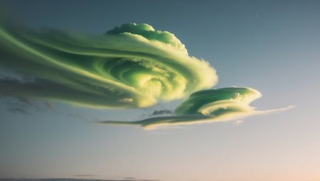 AI Generated. Dramatic green clouds swirling during twilight over a serene skyの素材