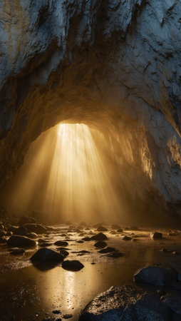 AI Generated. Eerie underground cave illuminated by sun rays with mist on rocky groundの素材