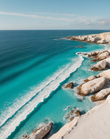 AI Generated. Aerial View of Turquoise Ocean Waters Surrounding Rocky Coastlineの素材