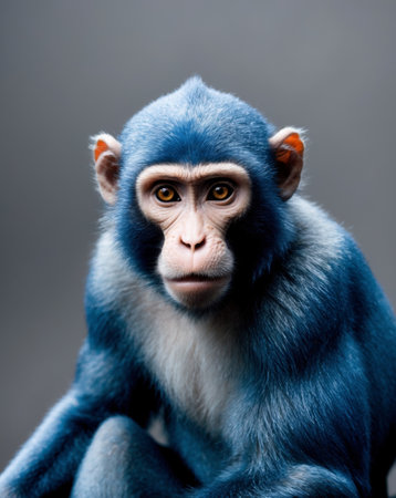 AI Generated. Blue monkey with intense gaze in dark backgroundの素材