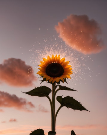 AI Generated. Bright sunflower surrounded by swirling clouds and glowing embers at twilightの素材