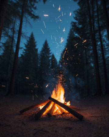 AI Generated. Campfire in the Forest at Night with Sparks Flyingの素材