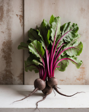 AI Generated. Freshly harvested beetroots with green leaves on rustic backgroundの素材