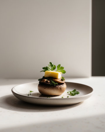 AI Generated. Garlic Flavored Mushrooms with Fresh Butter and Parsley for Appetizing Biteの素材