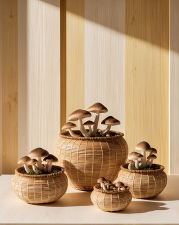 AI Generated. Gnostic Mushrooms In Bamboo Baskets In Bright Wood Backgroundの素材