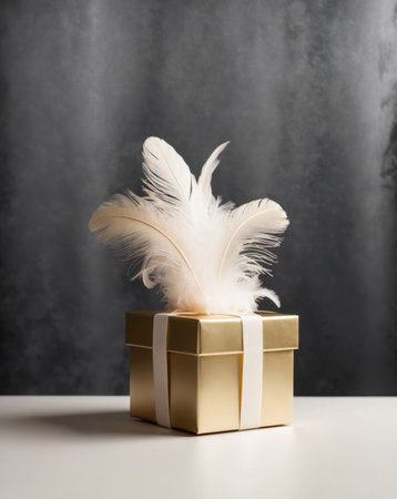 AI Generated. Golden Gift Box with Feathers on Black Backgroundの素材