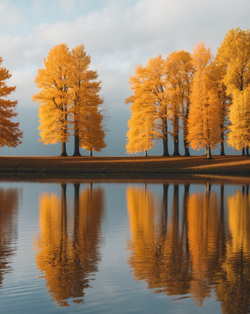 AI Generated. Golden Autumn Trees Reflecting in Calm Lake Waterの素材