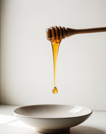 AI Generated. Honey Dripping from a Wooden Dipper into a Bowlの素材