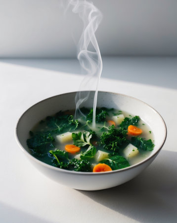 AI Generated. Healthy vegetable soup with fresh greensの素材