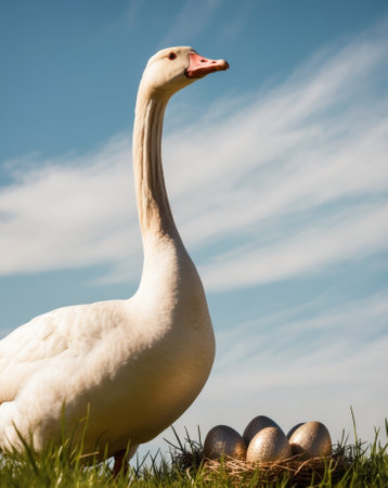 AI Generated. Majestic Goose with Golden Feathers Standing Next to Glittering Eggs under Blue Skyの素材