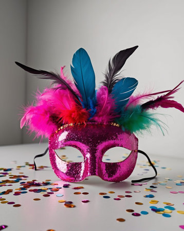 AI Generated. Pink Glitter Mask with Feathers and Confettiの素材