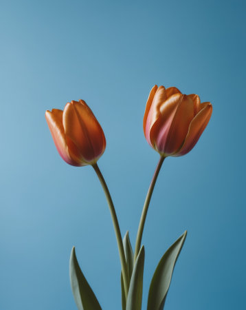 AI Generated. Single Orange Tulip on a Blue Backgroundの素材