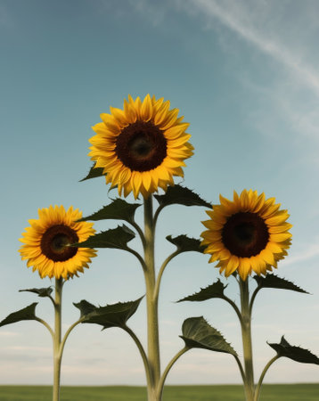 AI Generated. Three Sunflowers in a Blurred Field with a Blue Skyの素材