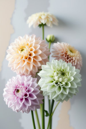 AI Generated. Soft Watercolor Dahlia Flowers in Pastel Tones on Light Gray Backgroundの素材