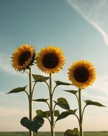 AI Generated. Three Sunflowers in a Blurred Field with a Blue Skyの素材