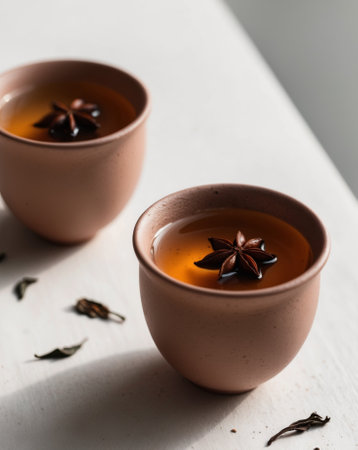 AI Generated. Two Clay Cups of Spiced Tea with Star Anise and Tea Leavesの素材