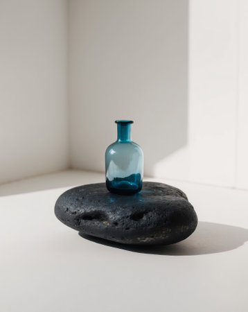 AI Generated. Mysterious blue glass bottle on dark rockの素材