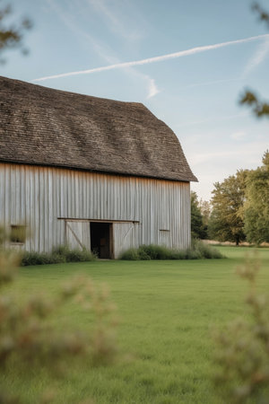 AI Generated. The rustic village barn has a classic wooden exterior and a field surrounding itの素材