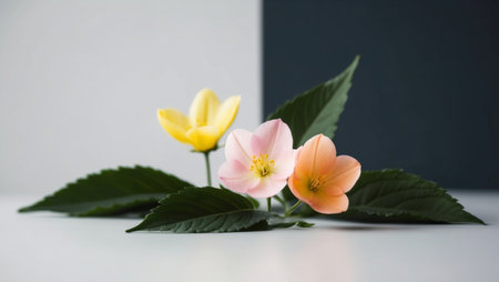 AI Generated. Three pink and yellow flowers with green leaves in the foreground on a dark background with one flower in the foregroundの素材