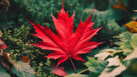 AI Generated. Vibrant Red Leaf Among Lush Green Foliageの素材