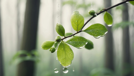 AI Generated. Dewy Green Leaves and Buds in a Lush Forestの素材