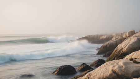 AI Generated. Gentle Waves Crashing on a Rocky Shorelineの素材