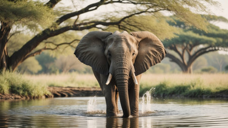 AI Generated. Majestic Elephant Bathing in Serene Waterhole with Splashes of Water in Natural Landscapeの素材