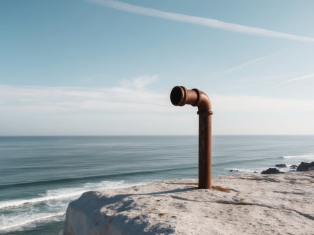 AI Generated. Rusty Pipe Overlooking Serene Ocean Wavesの素材