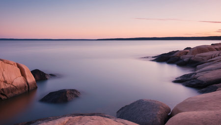 AI Generated. Serene Sunset Over Calm Waters with Rocky Shorelineの素材