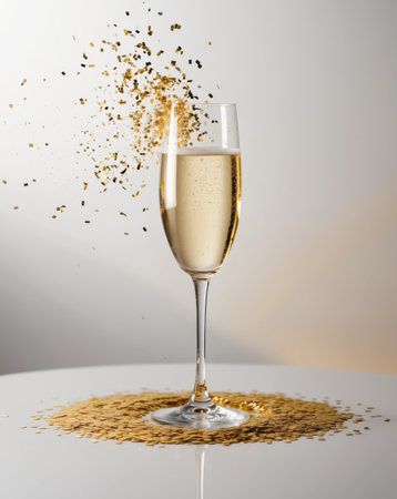AI Generated. Sparkling Occasion Refreshing Champagne Flute with Golden Confetti on a White Surfaceの素材