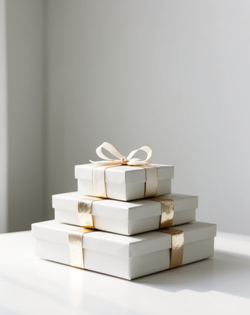 AI Generated. Stacked Gift Boxes with Gold Decorationsの素材