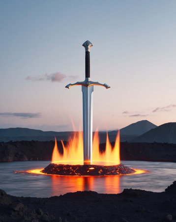 AI Generated. Sword emerging from glowing lava at dawn in a volcanic landscapeの素材