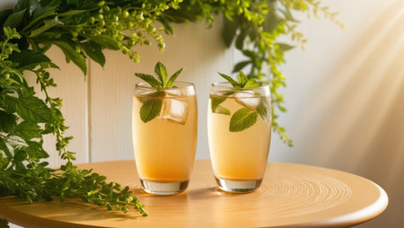 AI Generated. Two glasses of iced tea with ice on a wooden table surrounded by green leaves and sunlight in the backgroundの素材