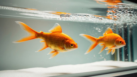 AI Generated. Two goldfish in an aquarium with foreground and background dotted by bubbles - aquatic life surrounded by surface agitationの素材