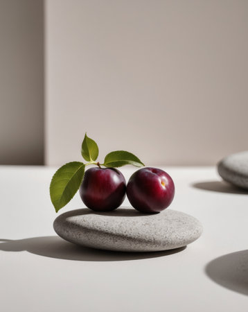 AI Generated. Two plums atop a rock One bears a green leafの素材