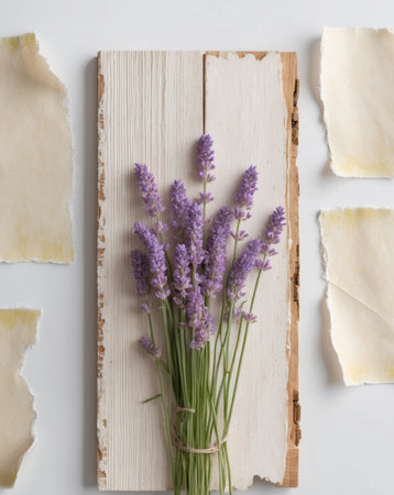 AI Generated. Vintage Paper and Lavender Flowers on Rustic Woodの素材