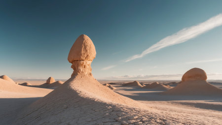 AI Generated. Unique rocky formations under a bright sky at midday in a vast landscapeの素材