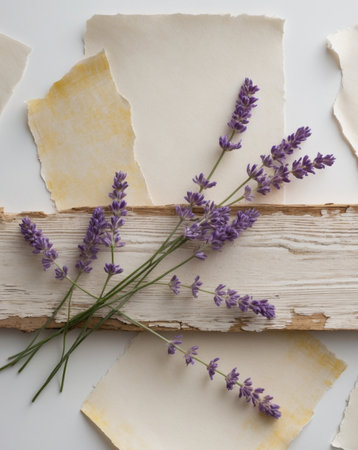 AI Generated. Vintage Paper and Lavender Flowers on Rustic Woodの素材