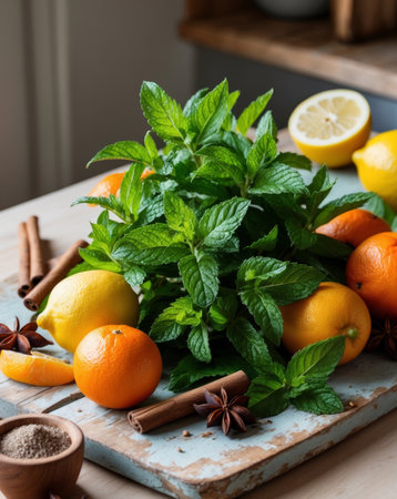 AI Generated. vibrant bunch of fresh mint leaves arranged artistically on a rustic wooden cutting board surrounded by citrus fruits and spicesの素材