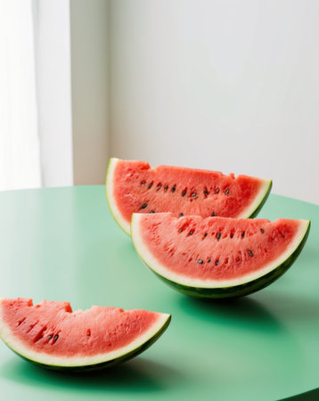 AI Generated. Watermelon slices arranged on a green table with adjacent sliceの素材