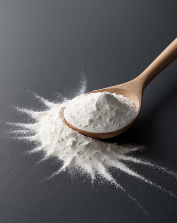 AI Generated. Wooden Spoon Filled with Flour on a Dark Surfaceの素材