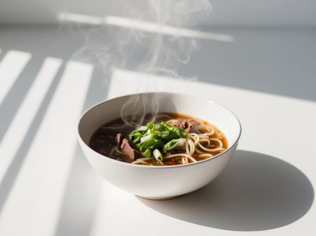 AI Generated. Beef Noodle Soup garnished with Fresh Green Onionsの素材