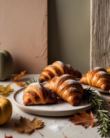 AI Generated. Fresh Croissants in a Cozy Autumn Settingの素材